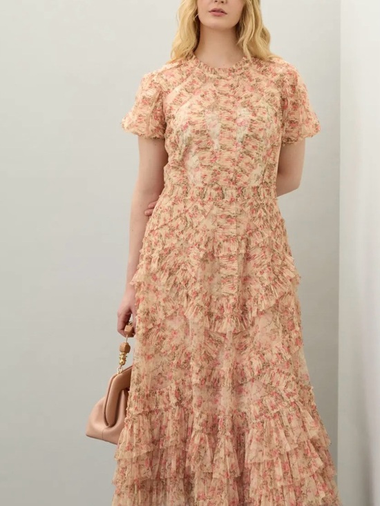 Mac Duggal Dresses & Skirts - Mac Duggal Pink and Cream Floral Ruffle Tiered Maxi Dress